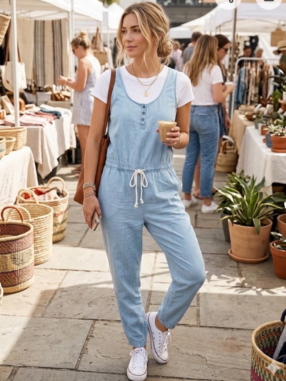 VENUS Light Blue Sleeveless chambray lightweight Jumpsuit with Drawstring